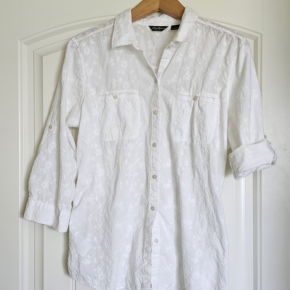 Eddie Bauer White Eyelet Shirt 3/4 Sleeves Size L
